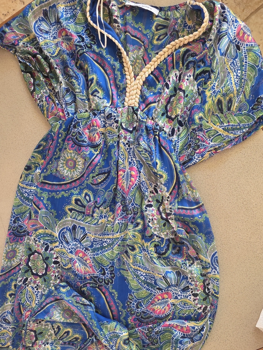 Blue Paisley One-Piece with Braided Trim